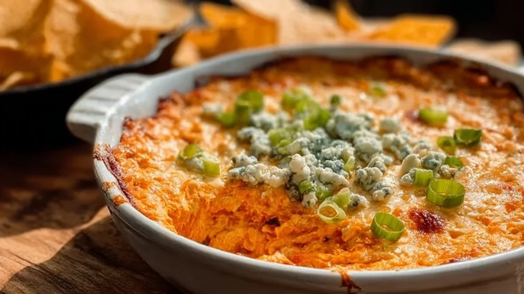 Delicious Buffalo Chicken Dip served in a bowl with tortilla chips