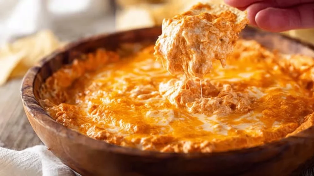 Delicious Buffalo Chicken Dip served in a bowl with tortilla chips beside it.