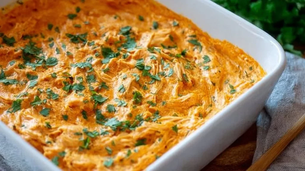 Creamy Buffalo Chicken Dip served in a bowl with chips on the side