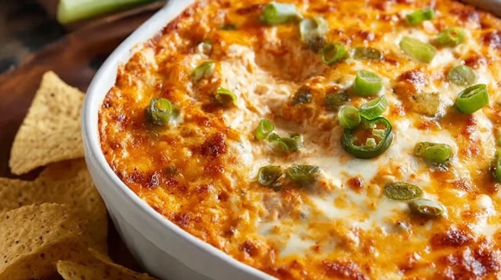 Delicious Buffalo Chicken Dip served in a bowl with tortilla chips.