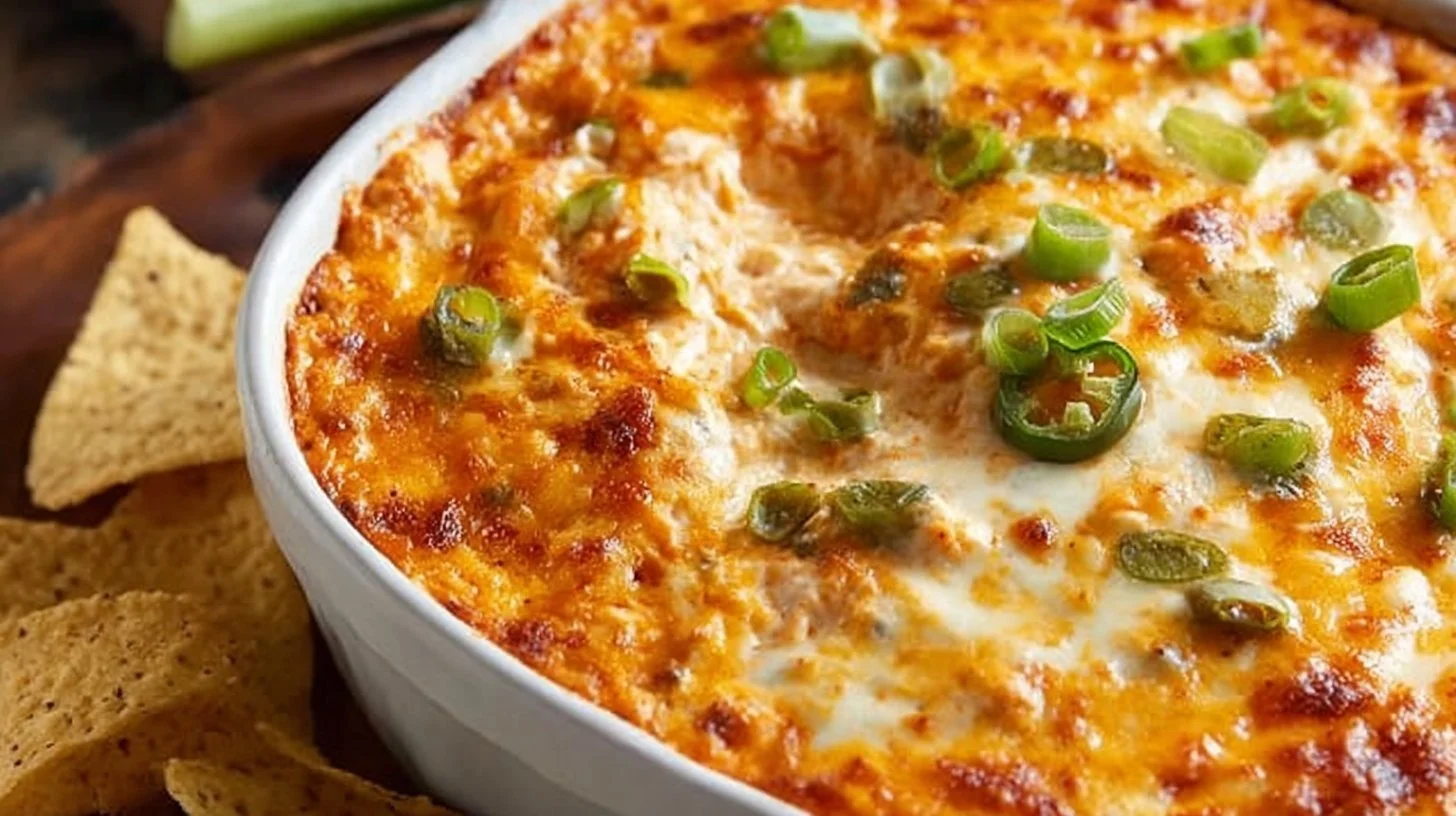 Delicious Buffalo Chicken Dip served in a bowl with tortilla chips.