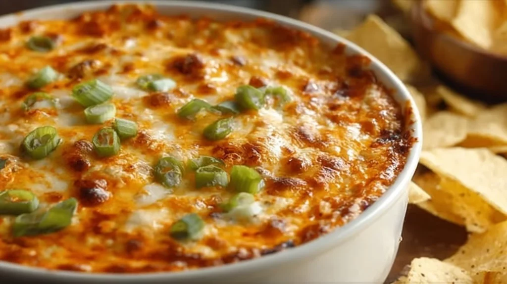 Bowl of creamy Buffalo Chicken Dip garnished with green onions and served with tortilla chips