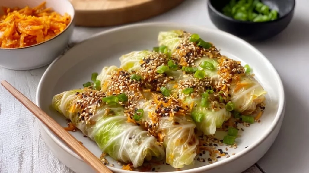 Delicious cabbage dumplings served with a dipping sauce on a white plate