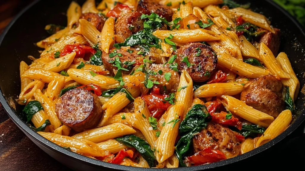 Delicious Cajun Sausage Pasta with colorful bell peppers and creamy sauce.