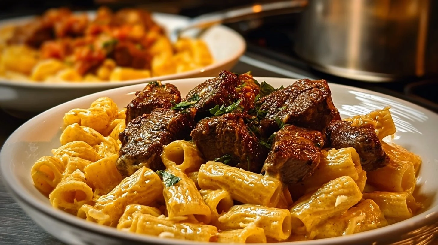 Plate of Cajun Steak Tips served with Cheesy Rigatoni