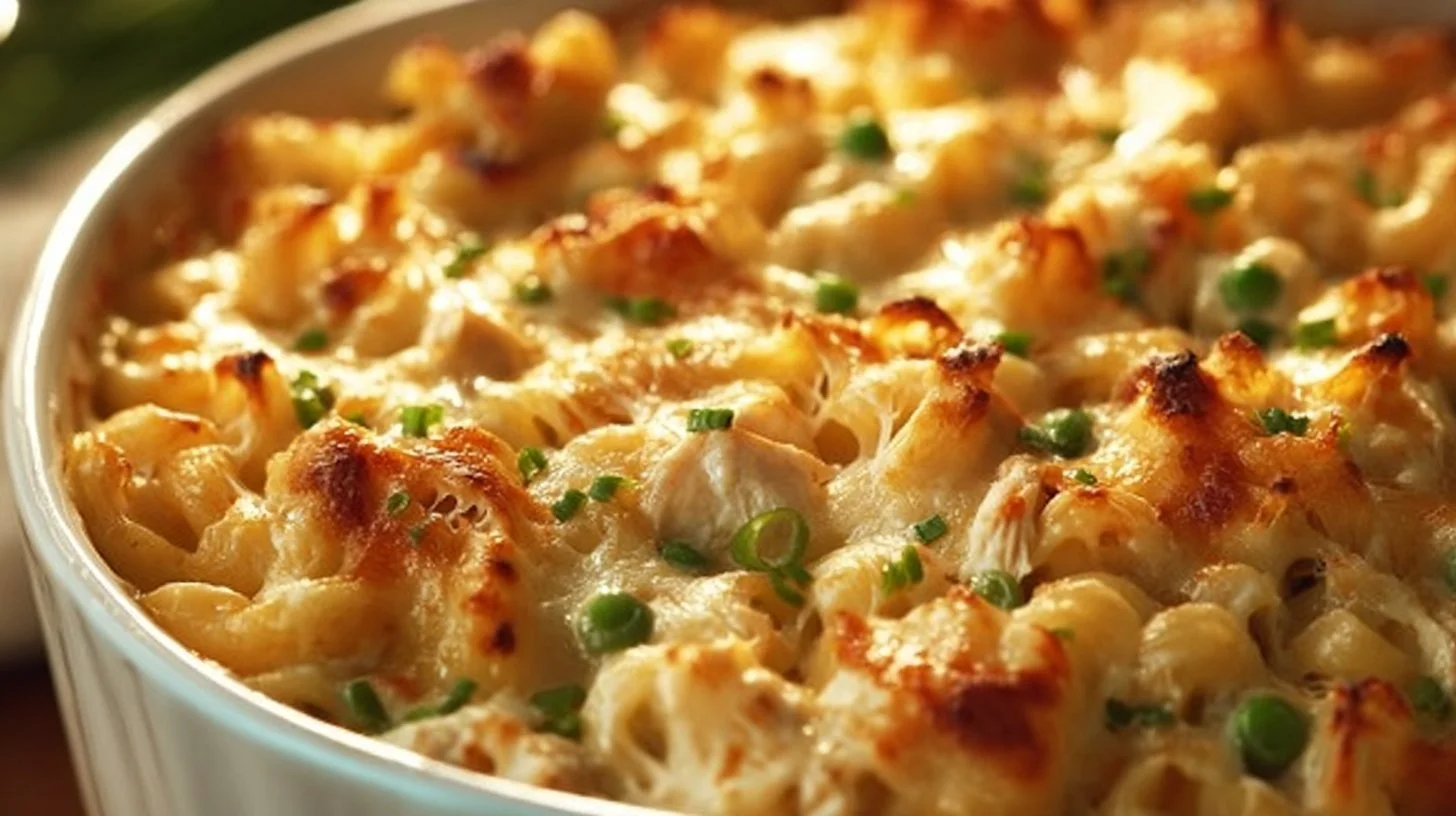 Delicious cheesy chicken casserole topped with melted cheese and herbs