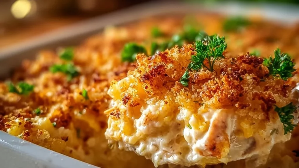Cheesy Crack Chicken Casserole served in a baking dish with fresh herbs