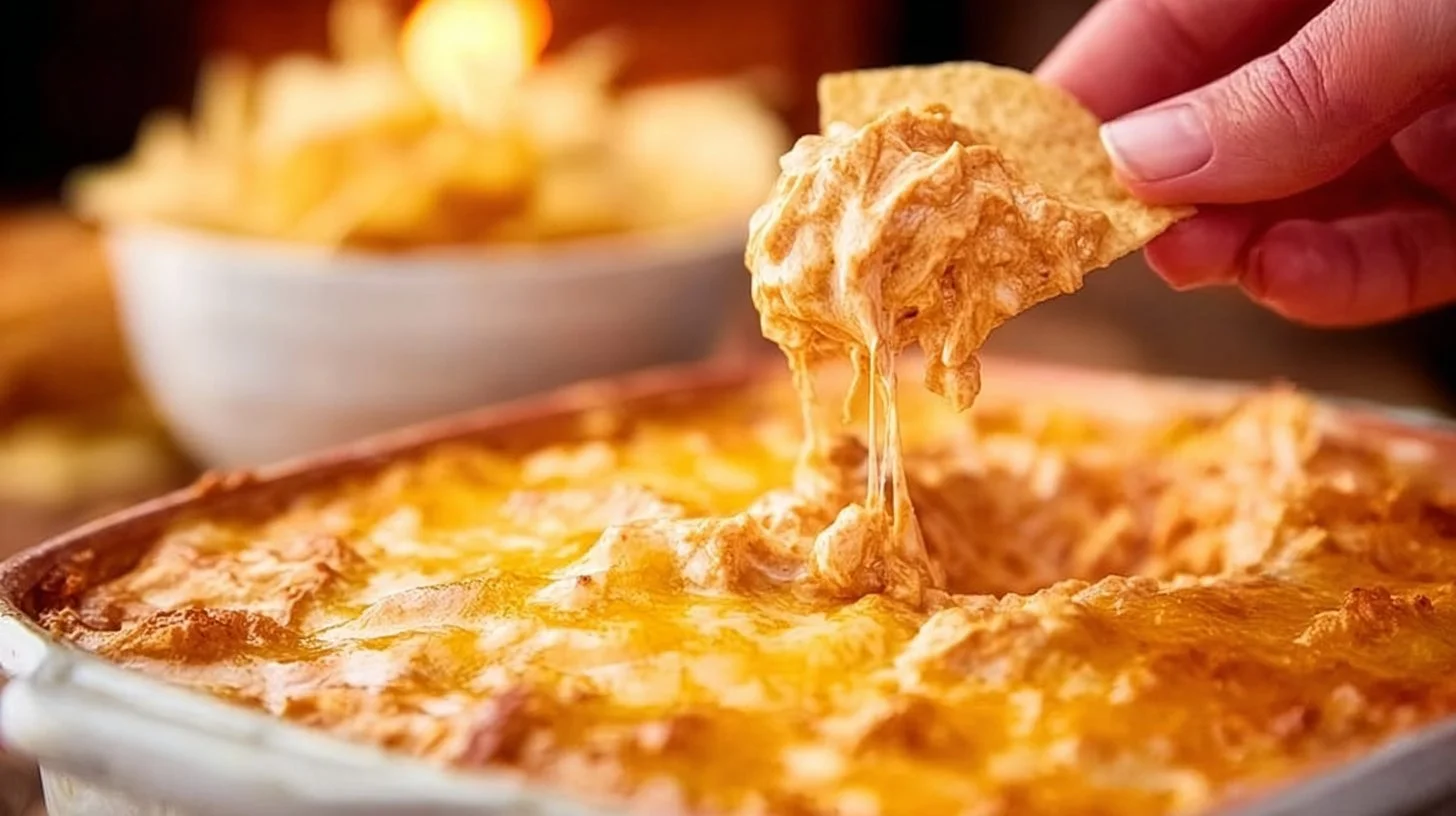 Delicious cheesy creamy Buffalo Chicken Dip served in a bowl with tortilla chips.