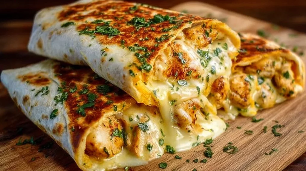 Cheesy garlic chicken wraps with fresh ingredients and melted cheese.