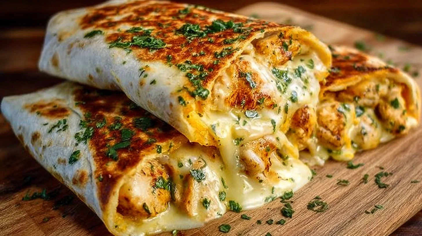 Cheesy garlic chicken wraps with fresh ingredients and melted cheese.