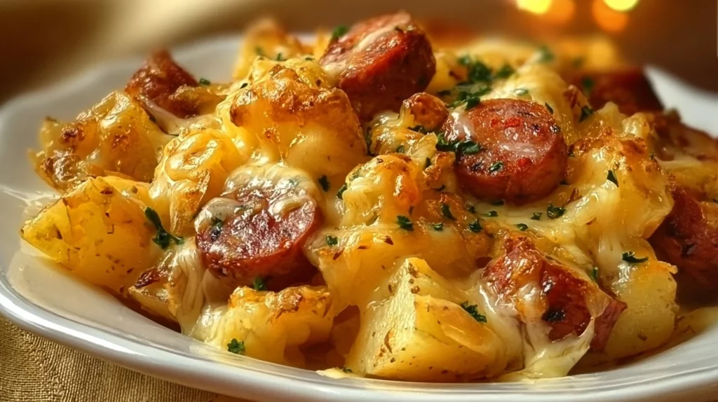 Cheesy ranch potatoes and smoked sausage served in a bowl