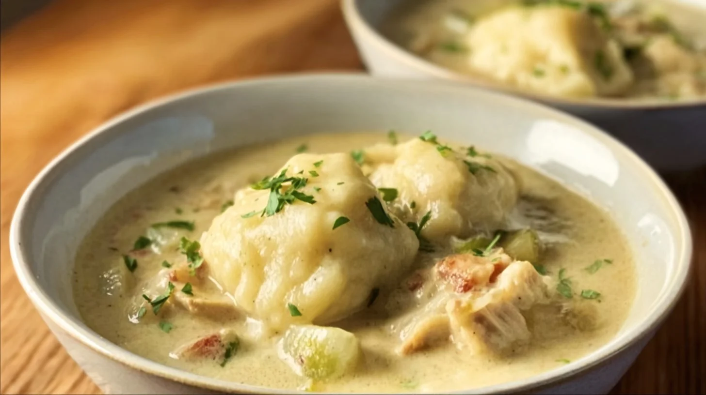 Homemade Chicken and Dumpling dish served in a rustic bowl