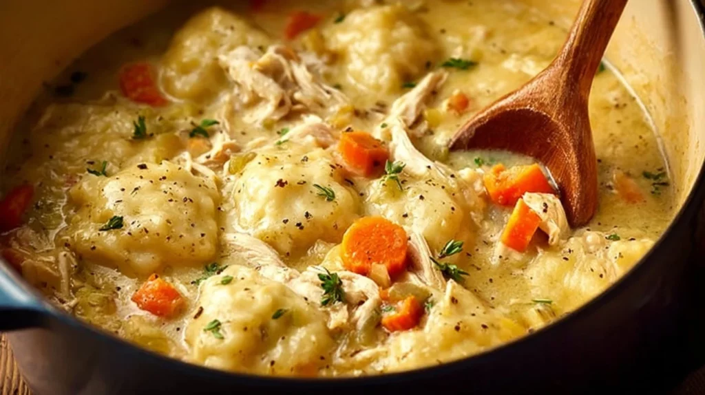Bowl of Chicken and Dumplings topped with herbs