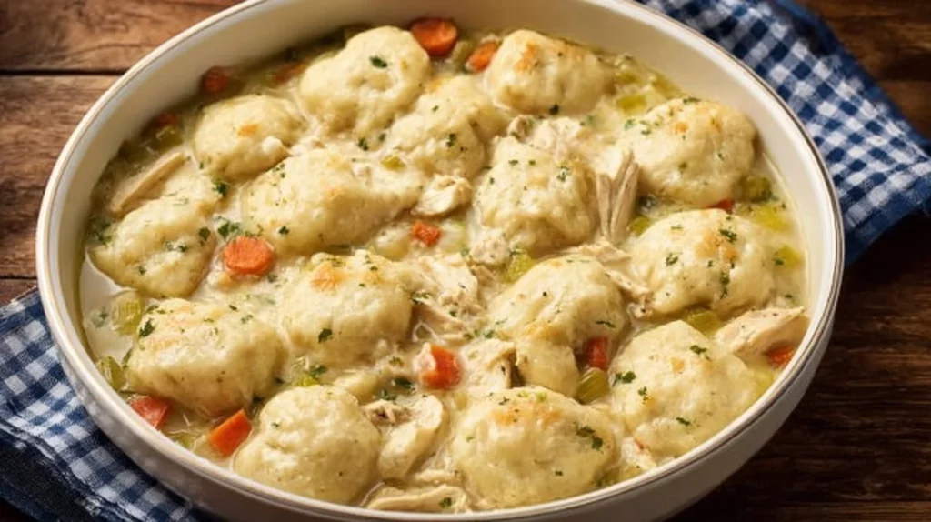 Comforting bowl of Chicken and Dumplings served with herbs and spices.