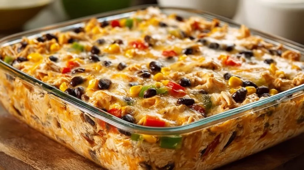 Delicious Chicken Burrito Casserole topped with cheese and fresh ingredients