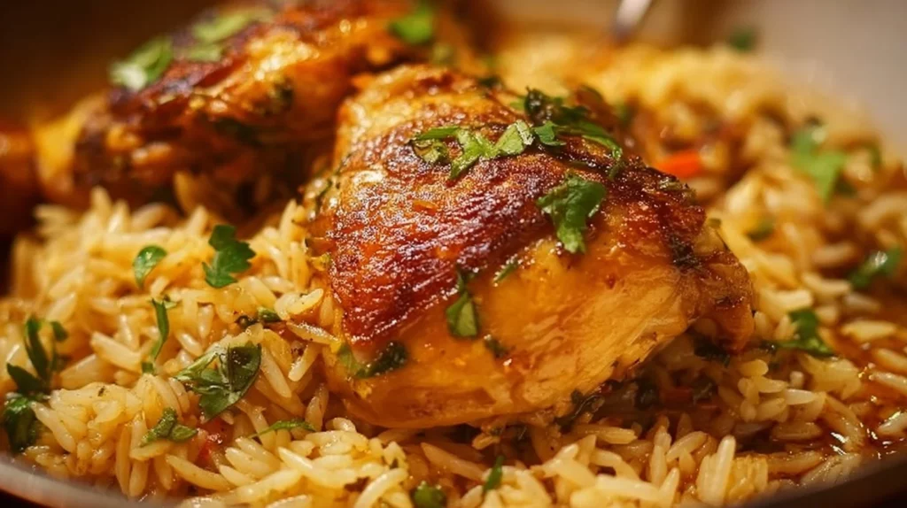 Savory chicken thighs served with fluffy rice, a perfect comforting dish.