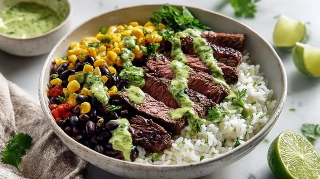 Cilantro lime steak bowls featuring marinated steak and fresh veggies