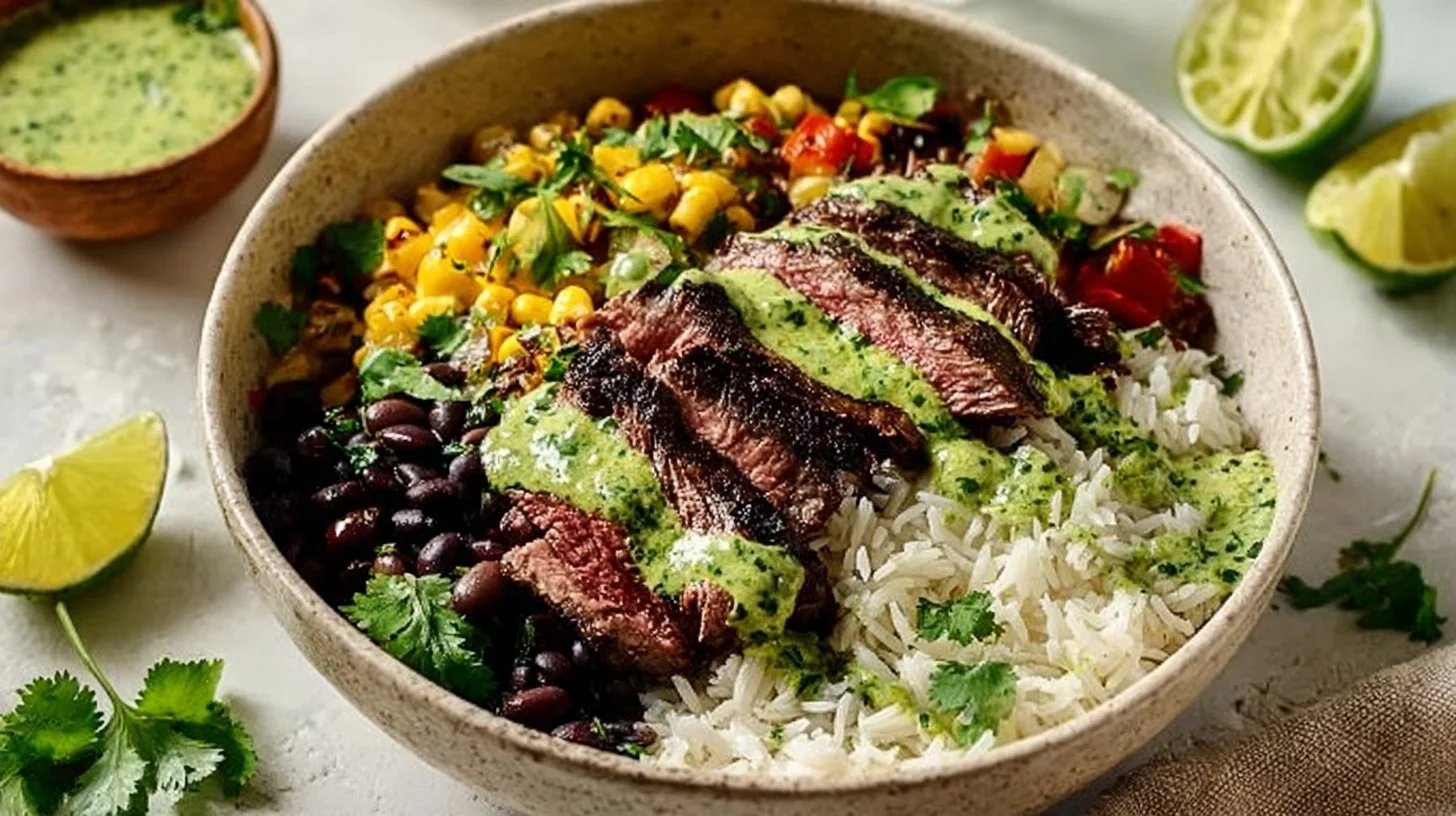 Delicious cilantro lime steak bowls with fresh ingredients on a plate