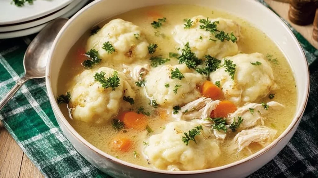 A bowl of classic chicken and dumplings garnished with herbs