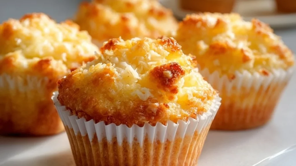 Freshly baked Coconut Pineapple Muffins with cottage cheese on a wooden table