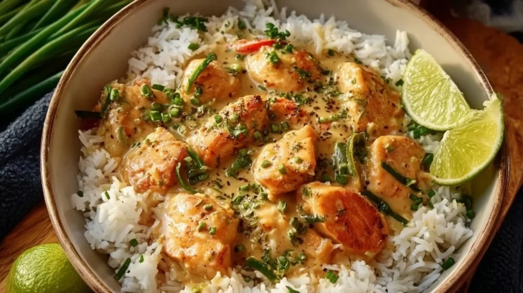 Delicious Coconut Chicken with Rice served on a plate