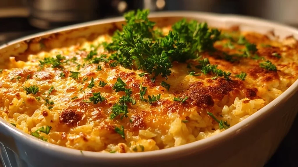 Delicious comforting chicken rice casserole served in a baking dish