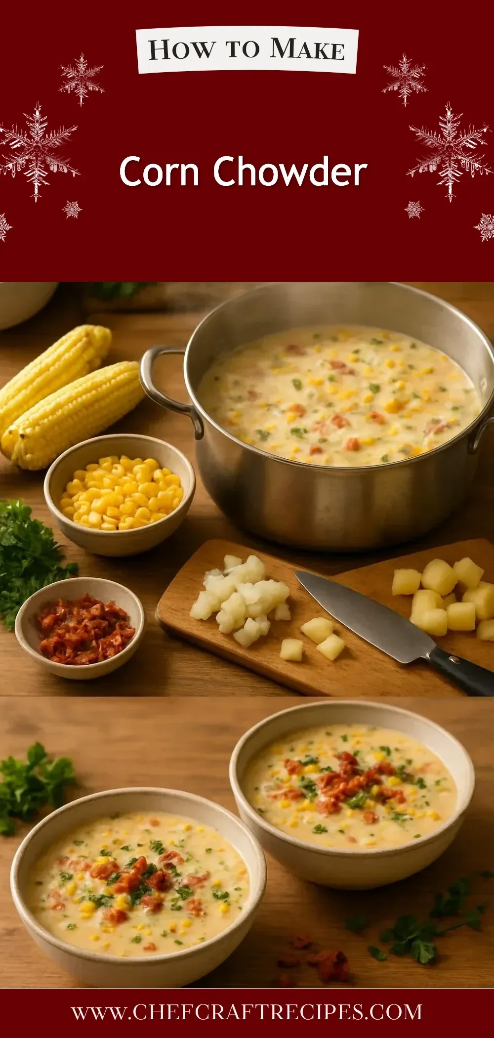 Bowl of creamy corn chowder garnished with fresh herbs