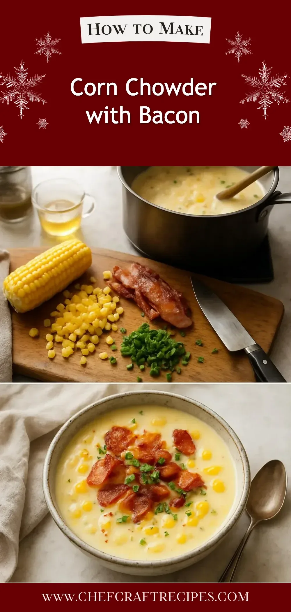 Delicious bowl of corn chowder with bacon, garnished with fresh herbs