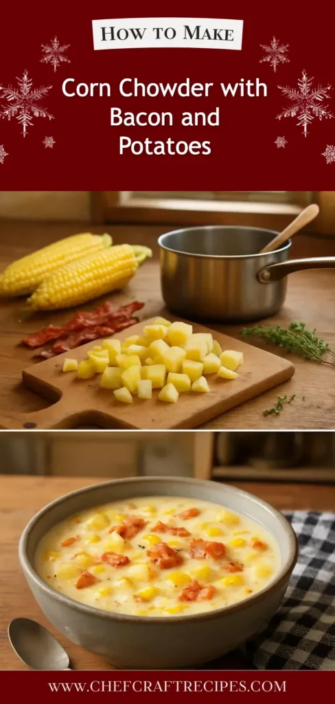 Bowl of creamy Corn Chowder with Bacon and Potatoes topped with fresh herbs