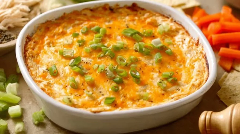 Cottage Cheese Buffalo Chicken Dip served in a bowl with tortilla chips
