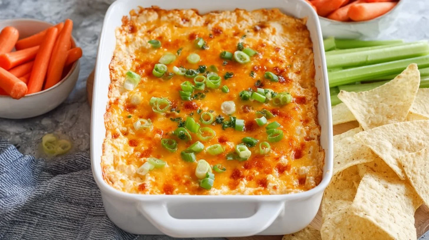 Cottage Cheese Buffalo Chicken Dip served in a bowl with dipping chips