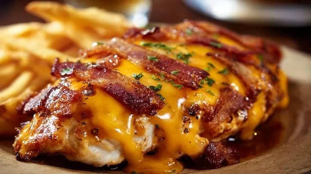 Delicious Cowboy BBQ Bacon Cheddar Chicken topped with cheese and crispy bacon