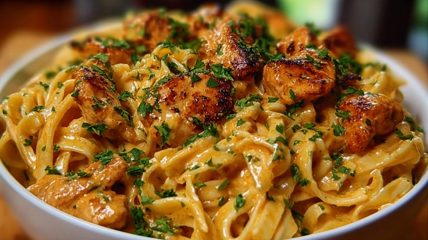 Delicious Cowboy Butter Chicken Pasta garnished with herbs and spices