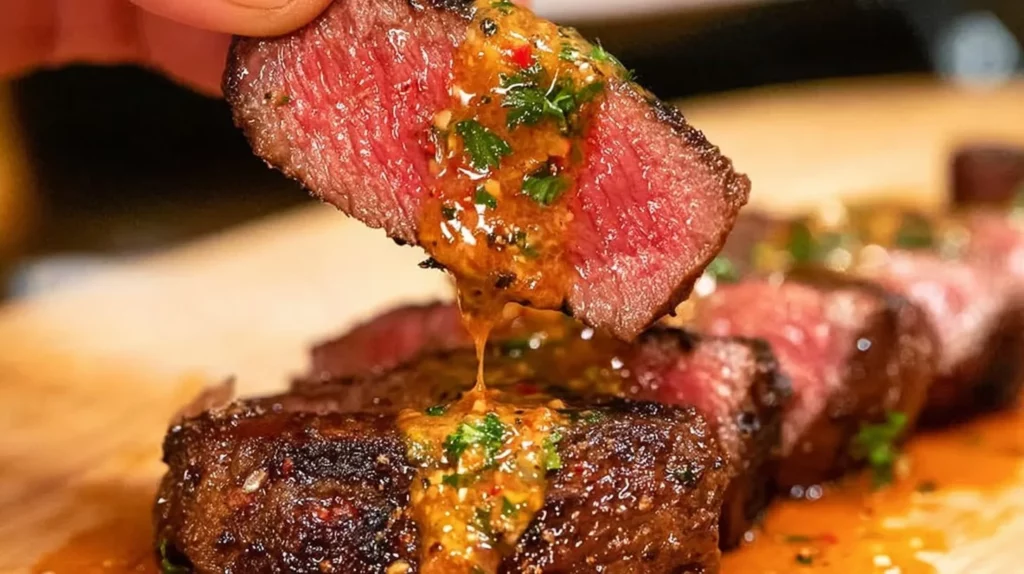 Juicy Cowboy Butter Steak garnished with herbs and melting butter