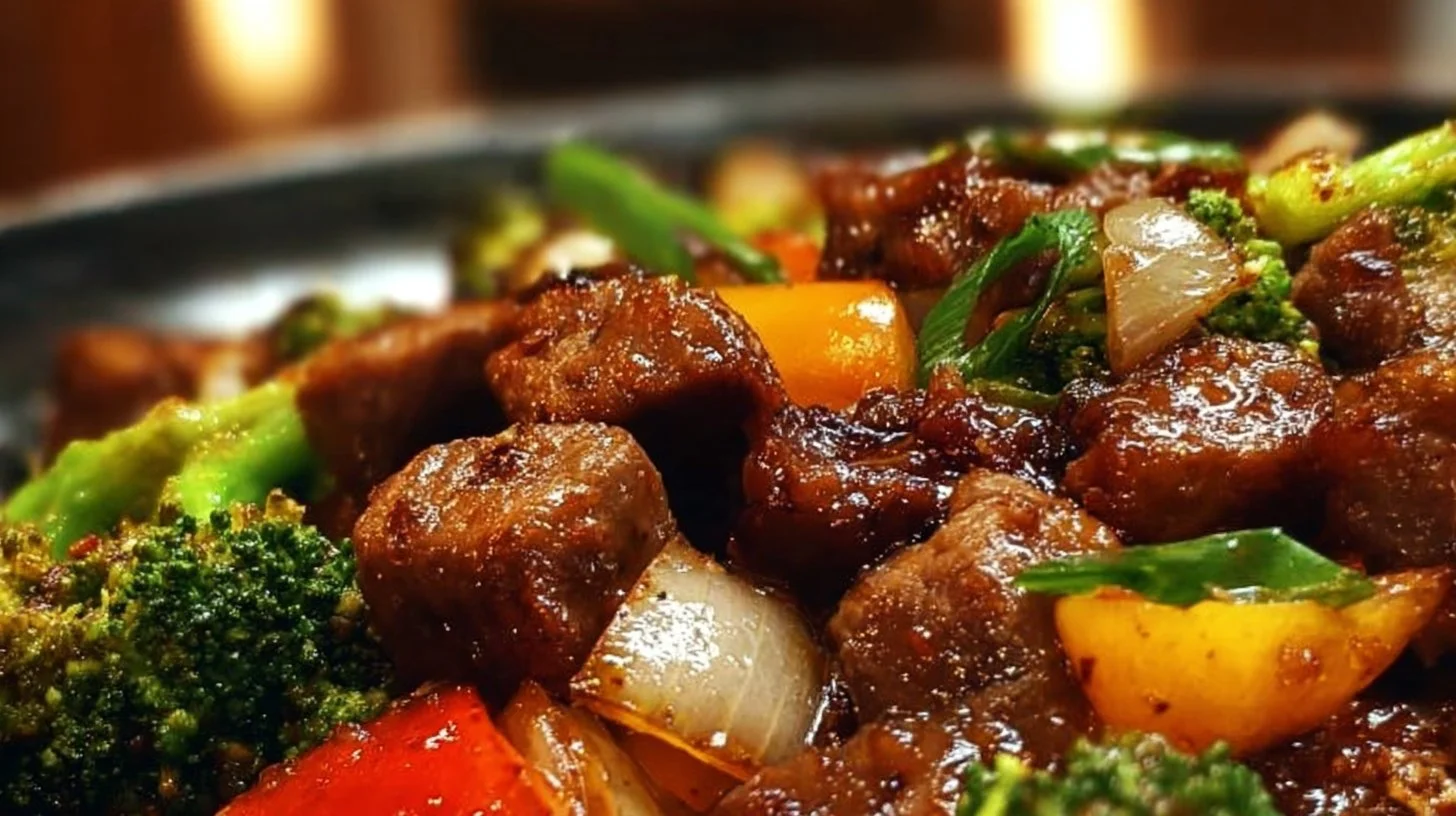Colorful Cowboy Stir Fry with beef and vegetables in a skillet