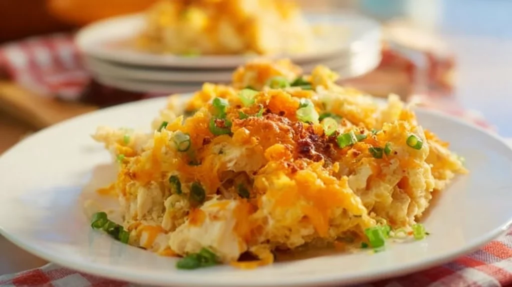 Delicious Crack Chicken Casserole topped with cheese and herbs