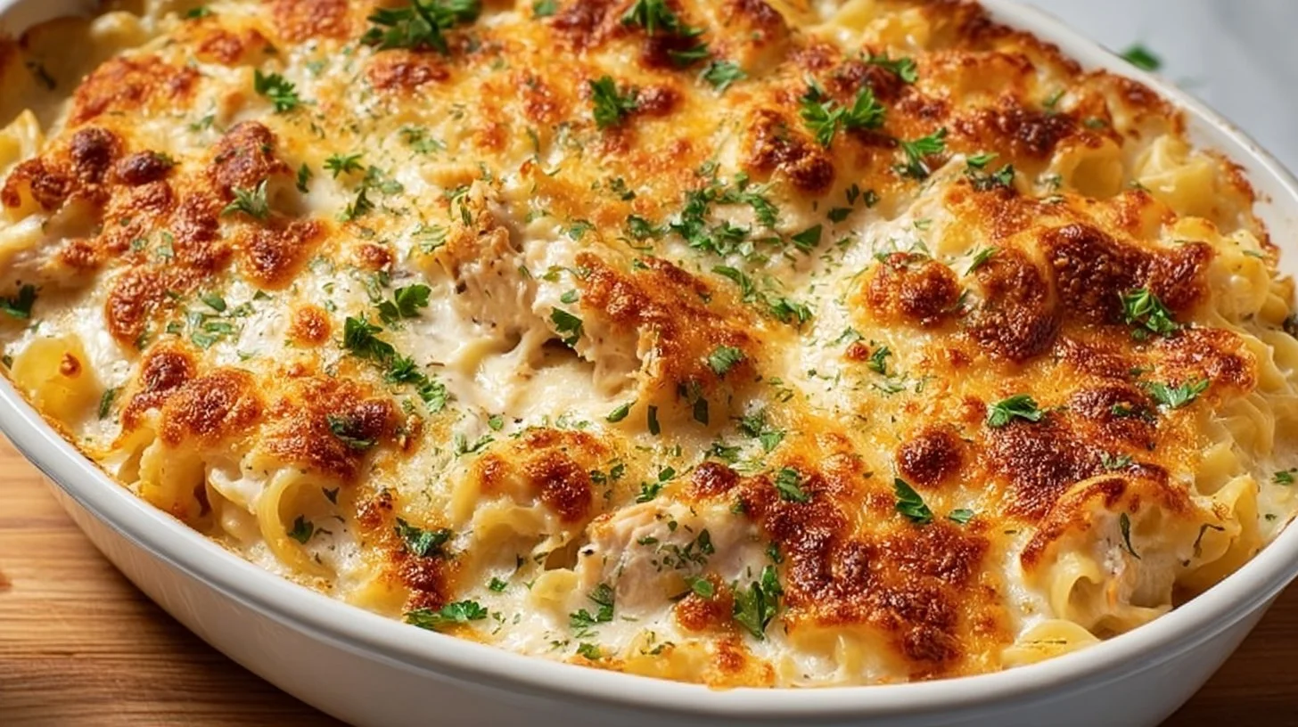 Creamy Crack Chicken Casserole topped with cheese and herbs for a comforting meal