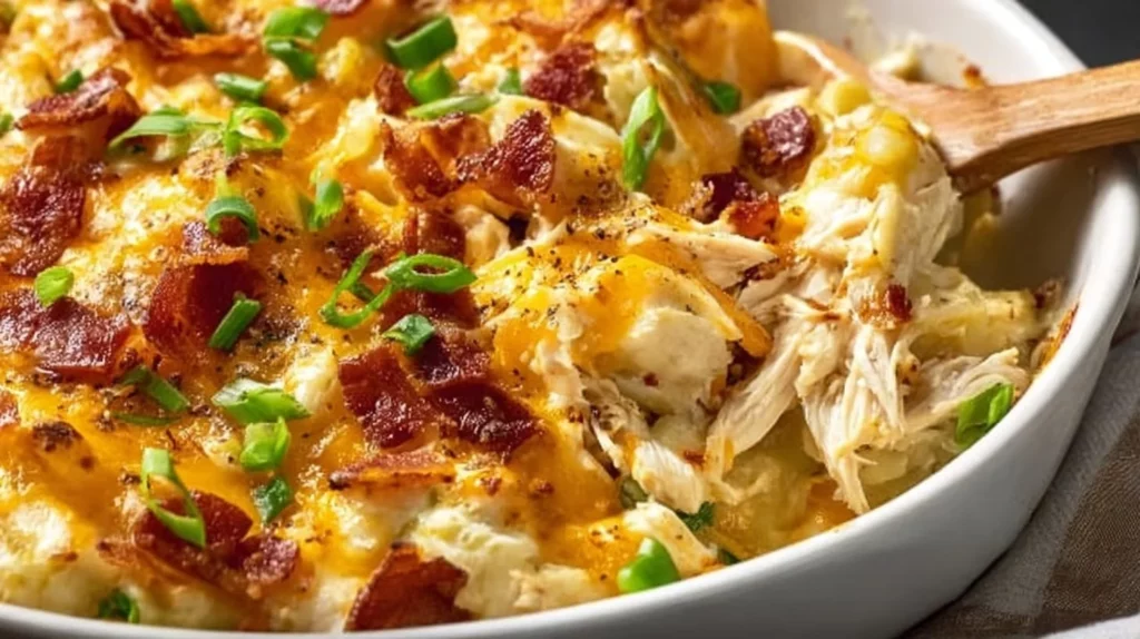 Delicious Crack Chicken Casserole topped with cheese and herbs