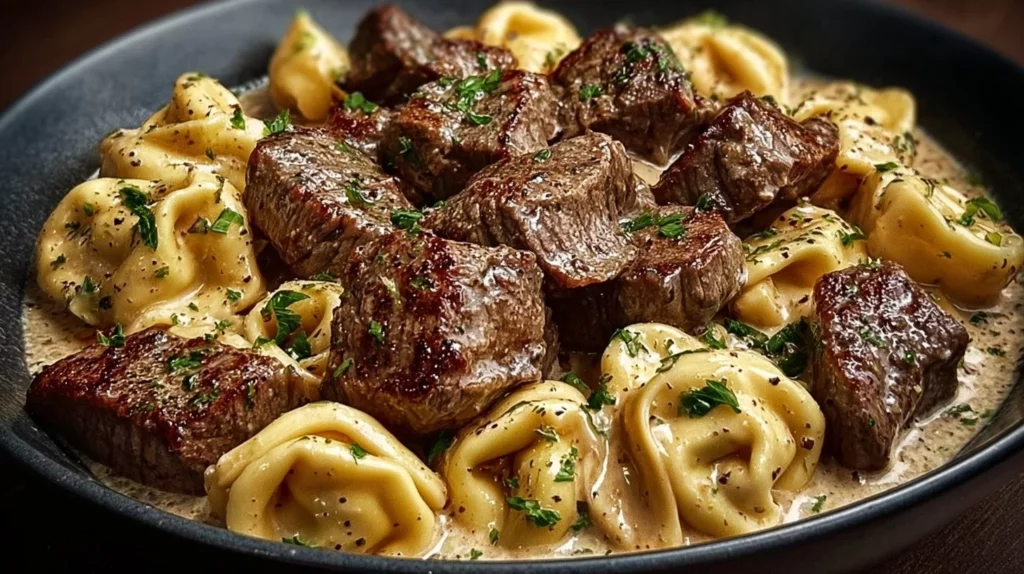 Cracked garlic steak tortellini with fresh ingredients and herbs