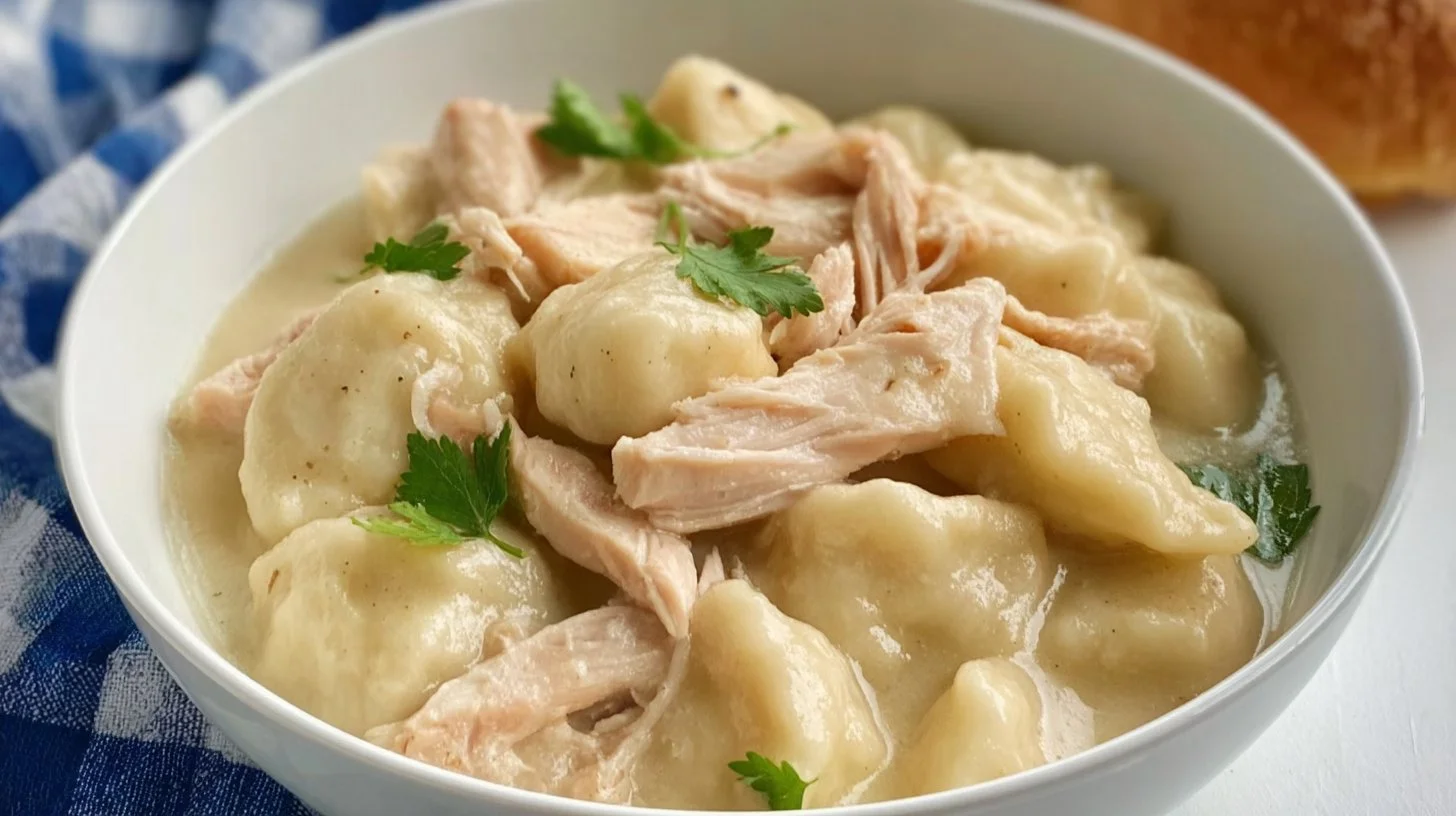Delicious Cracker Barrel chicken and dumplings in a warm bowl