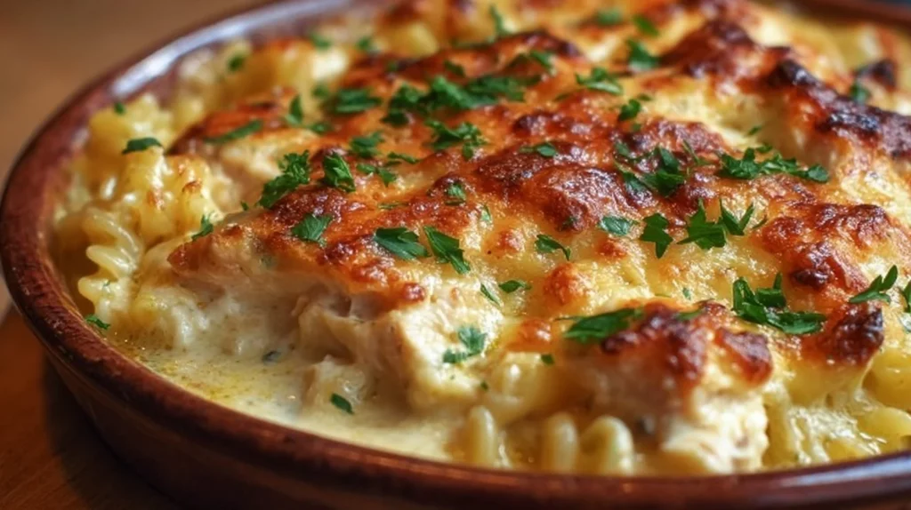 Delicious Crazy Good Chicken Pasta Casserole baked with cheese and pasta
