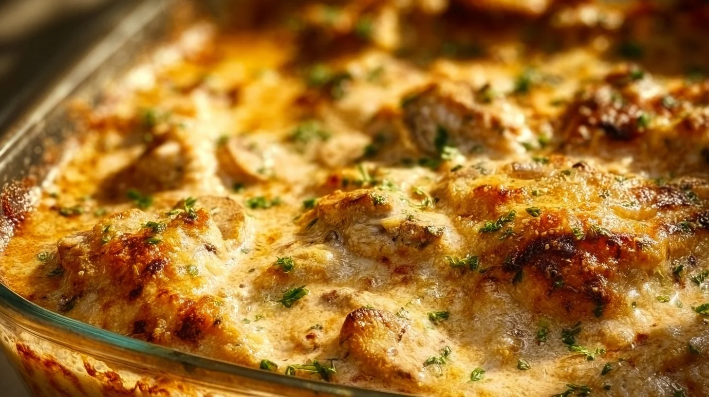 Creamy baked chicken breast served with herbs and side dishes