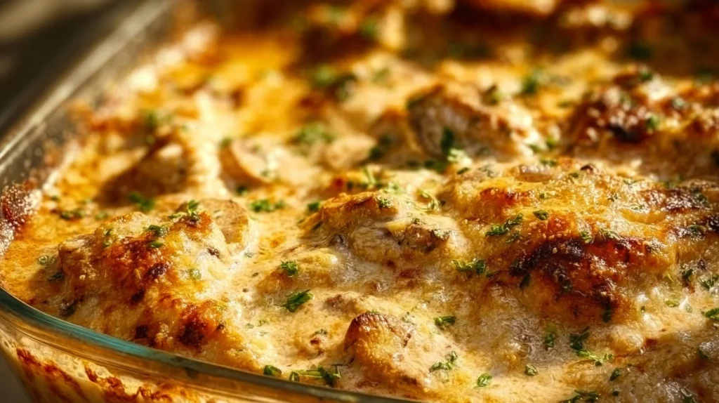 Delicious creamy baked chicken breast garnished with herbs