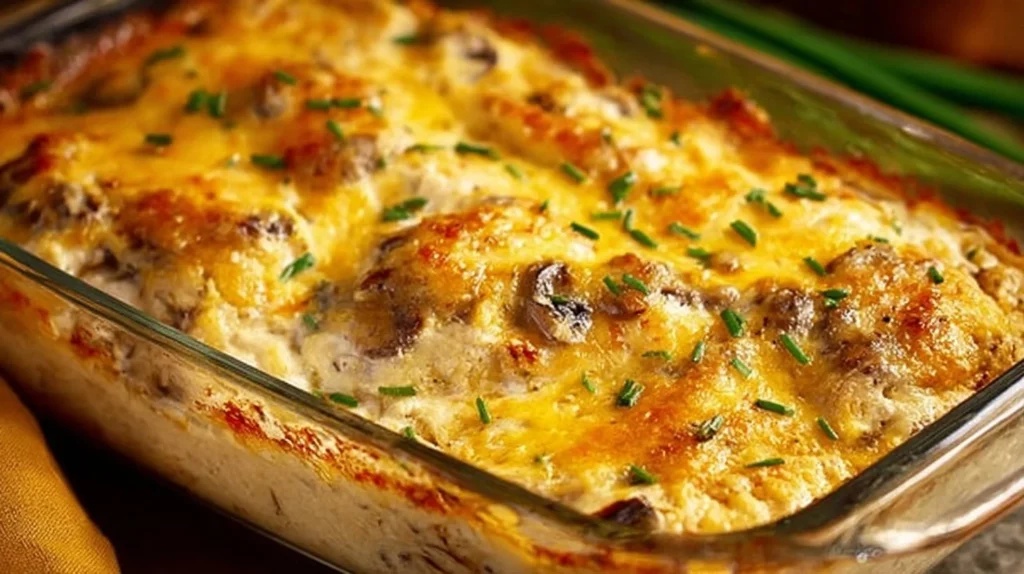 Creamy baked chicken breasts garnished with herbs on a plate