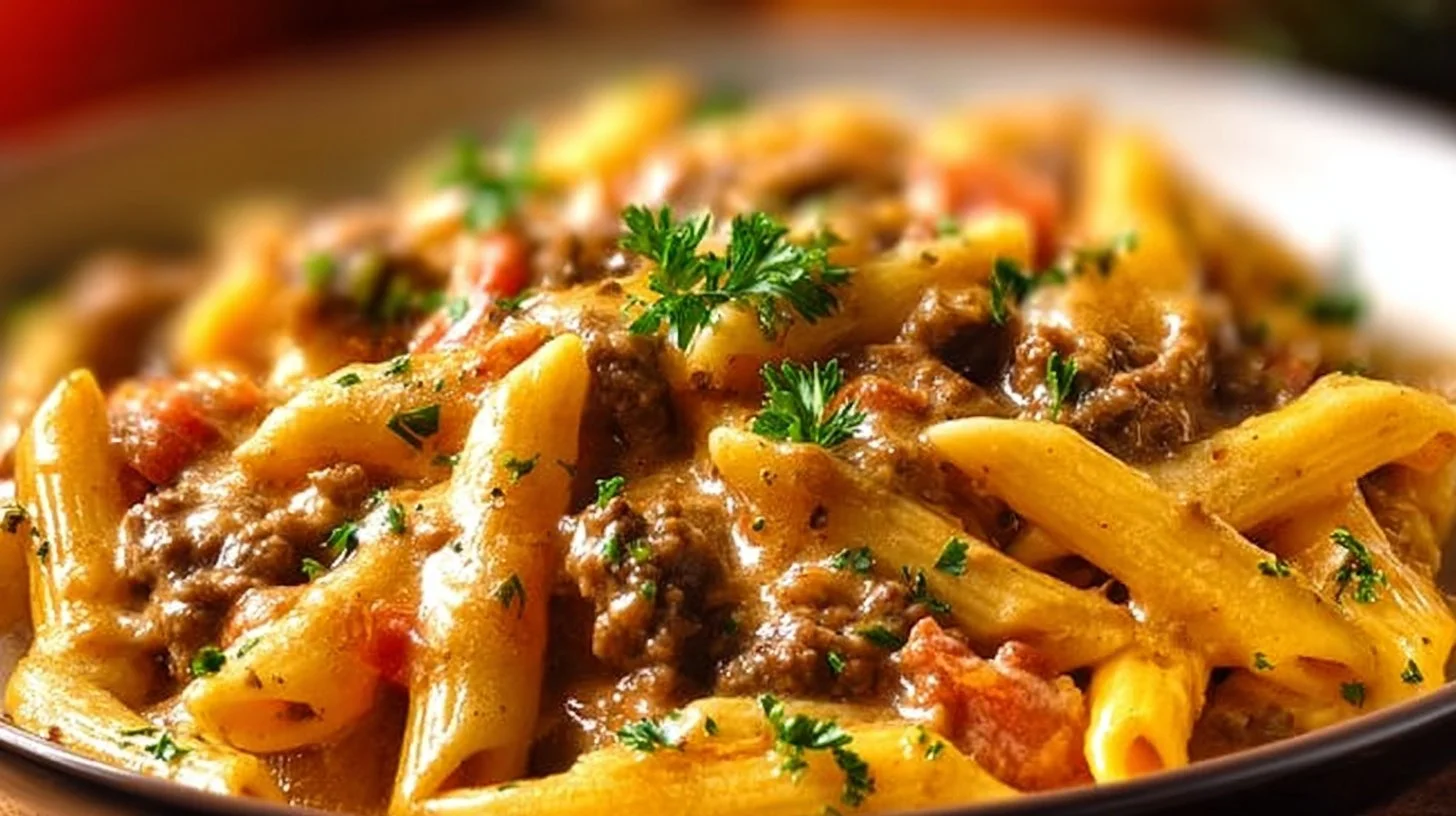 Creamy beef pasta dish served in a bowl