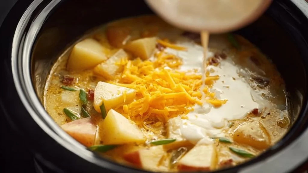 Delicious creamy cheesy one-pot potato soup in a bowl