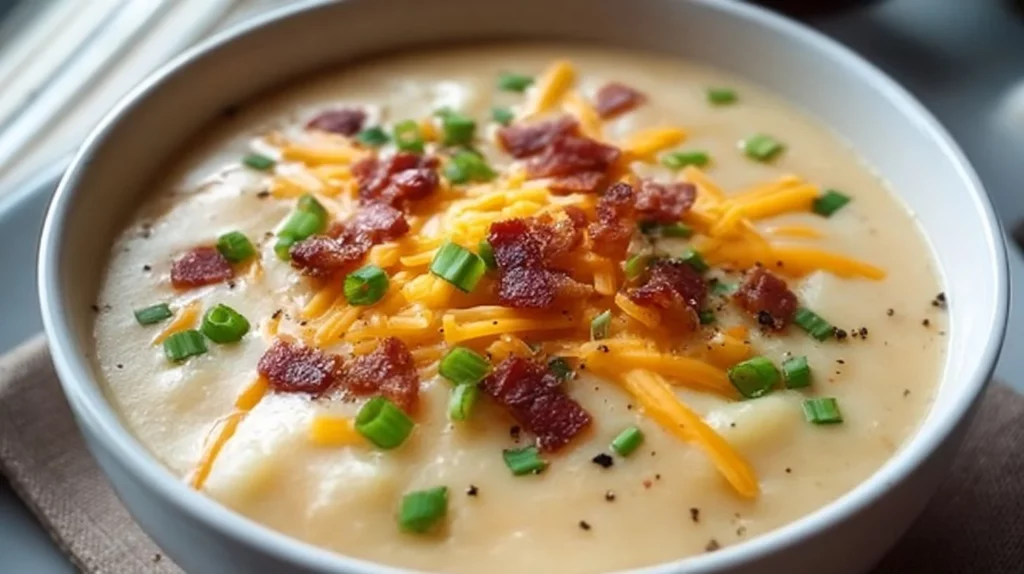 A bowl of creamy cheesy potato soup garnished with fresh herbs and cheese.
