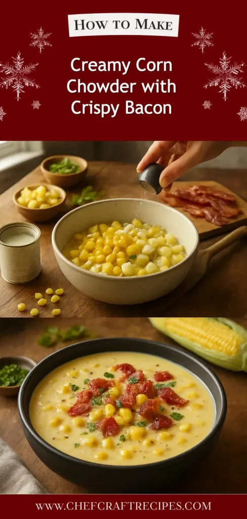 Delicious creamy corn chowder topped with crispy bacon in a bowl.