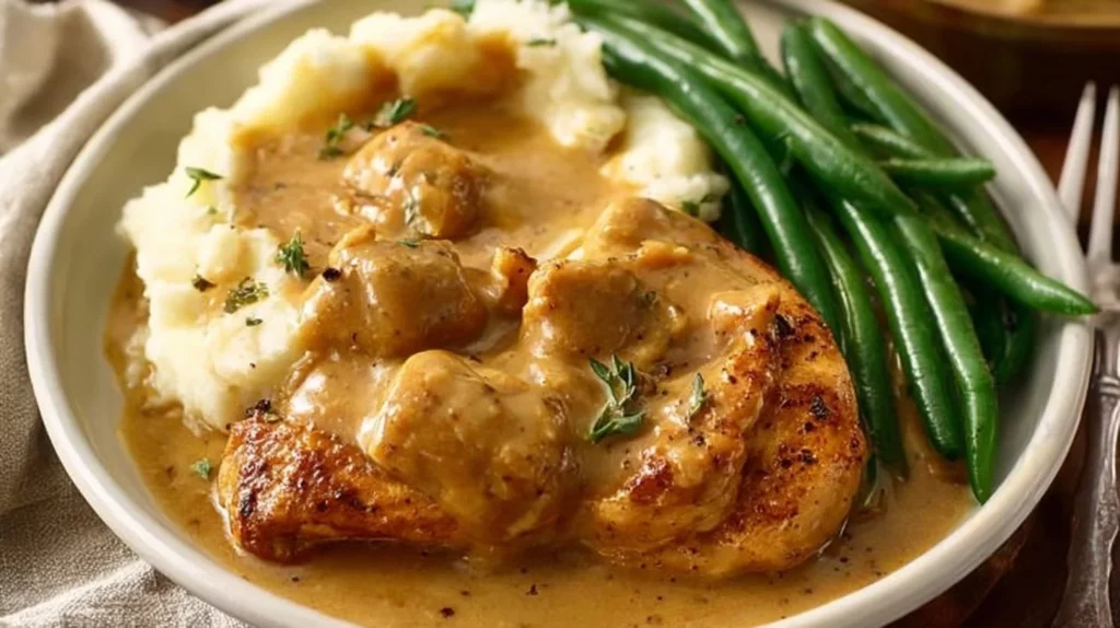 Plate of creamy garlic chicken served with herbs and side vegetables