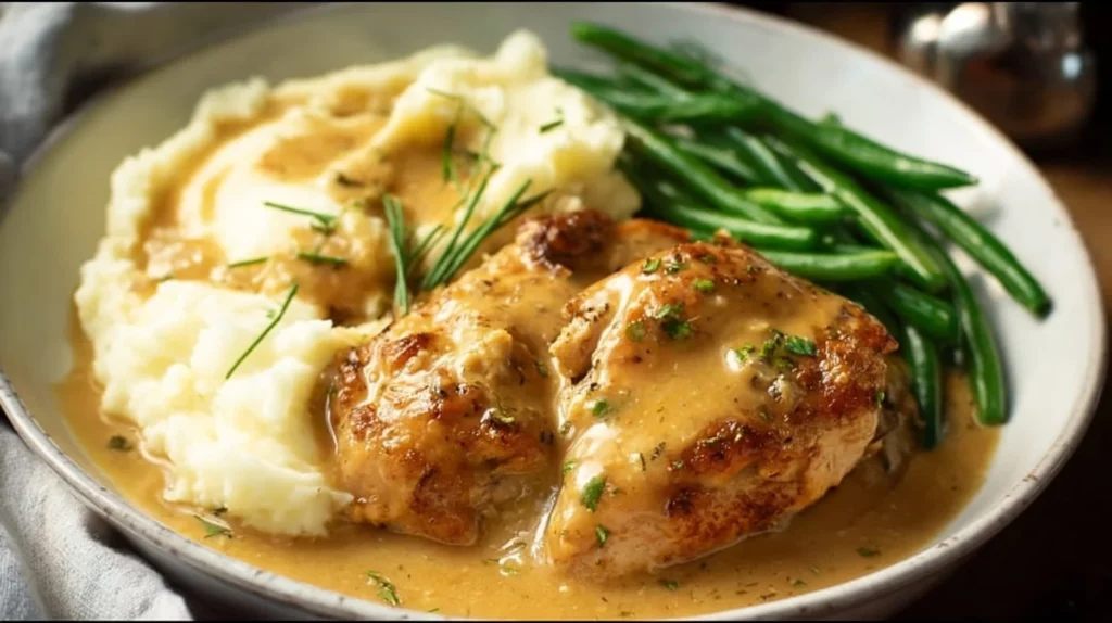 Creamy garlic chicken served on a plate with herbs and spices